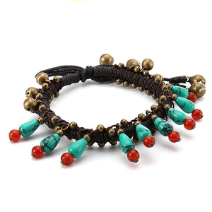 Ethnic Style Jewelry Anklet Handmade Wax Rope Crystal Turquoise Bead Bell Anklet