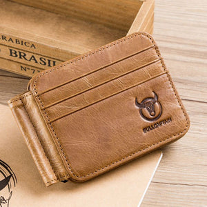 Bullcaptain Men RFID Antimagnetic Genuine Leather Trifold Slim Wallet Card Holder