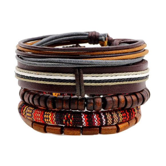 Retro Multilayer Wood Bead Bracelet Pendant Braided Leather Adjustable for Men