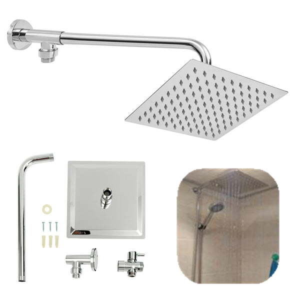 8inch 304 Stainless Steel Square Shower Head Extension Arm Bottom Entry Shower Diverter Valve Set