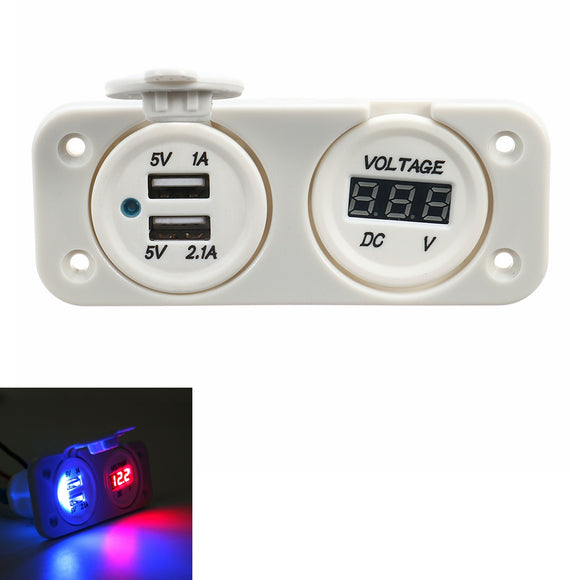 Waterproof Dual USB Socket Charger Voltage Gauge White For Motorcycle Boat Car Phone