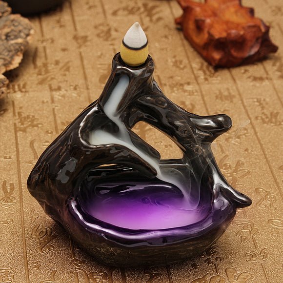 LED Light Buddhist Ceramic Backflow Censer Burner Holder with 5 Incense Cones