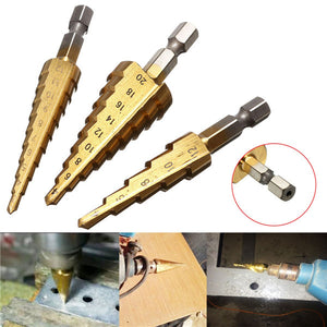 3pcs 3-12/4-12/4-20mm HSS Titanium Coated Step Cone Drill Bits Set Hex Shank