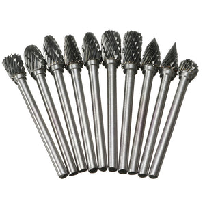 10Pcs 1/8 Inch Shank Tungsten Carbide Burr Rotary Drill Bits Cutter Files Set