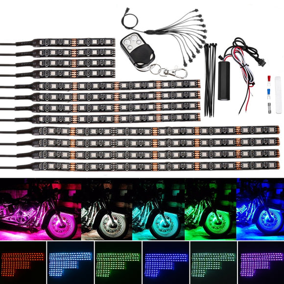 5050 LED Flashing Strip Light RGB 15 Color 12 Strips Glow Neon Wireless Remote Motorcycle