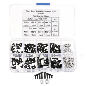 Suleve M3CH8 M3 Carbon Steel Hex Socket Flat Head Button Head Screws Flat Washers Assortment 180pcs