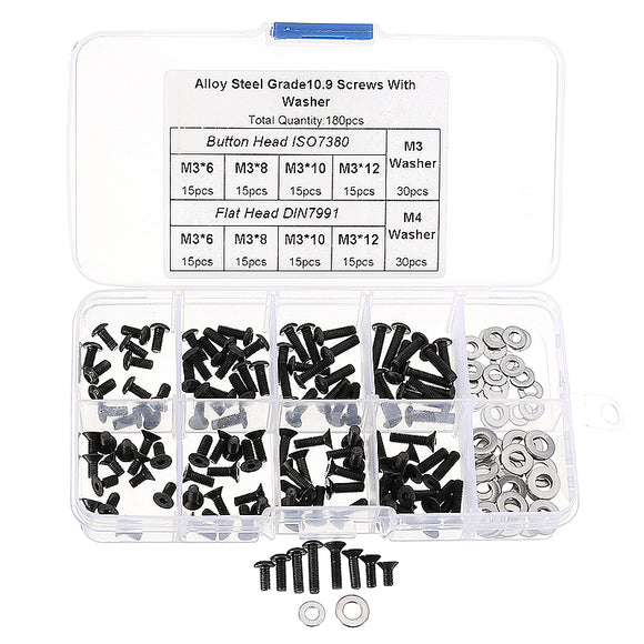 Suleve M3CH8 M3 Carbon Steel Hex Socket Flat Head Button Head Screws Flat Washers Assortment 180pcs