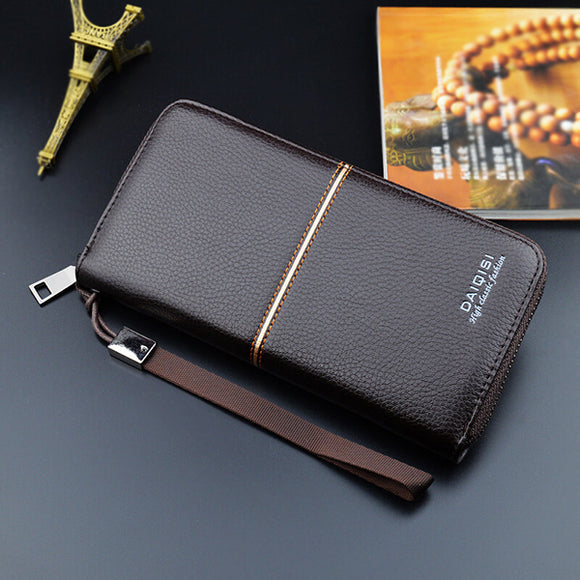 Men PU Double Fold  Long Zipper Business Wallet Card Holder