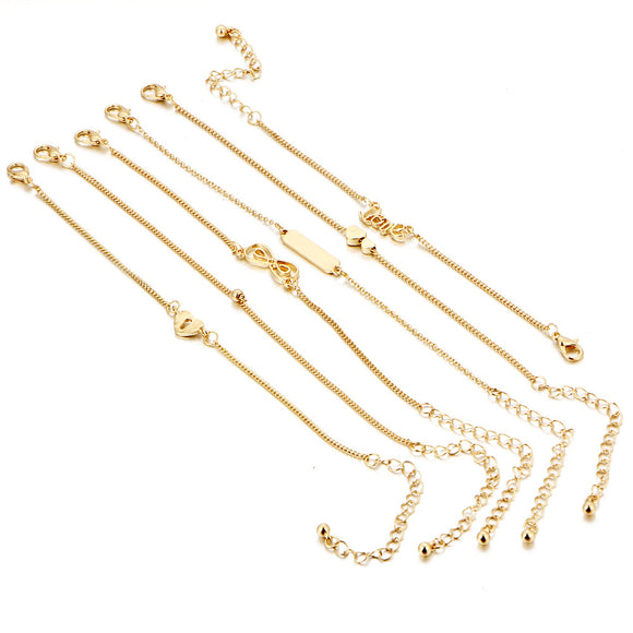 6 Pcs/Set Trendy Heart Shape Lucky Chain Love Gold Color Anklet Jewelry for Women