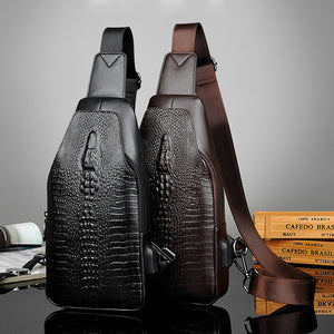 Men PU Leather Crocodile Printed Fashion Crossbody Bag Chest Bag