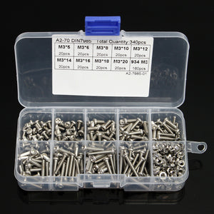 340Pcs M3 304 Stainless Steel Cross-head Set Screw Bolts & Hex Nuts Assortment Kit