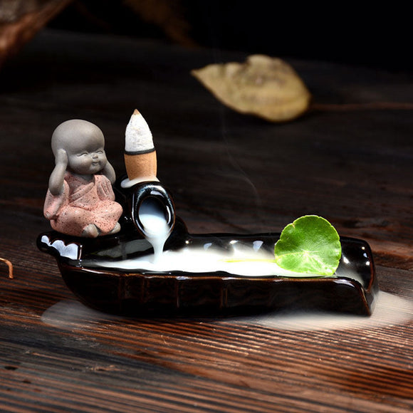 Ceramic Backflow Incense Cone Burner Monk Censer Holder Buddha Home Fragrant Furnace