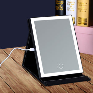 Fold LED Touch Screen Makeup Table Mirror PU Leather USB Charge Cosmetic Mirror Lamp Luminous Tool