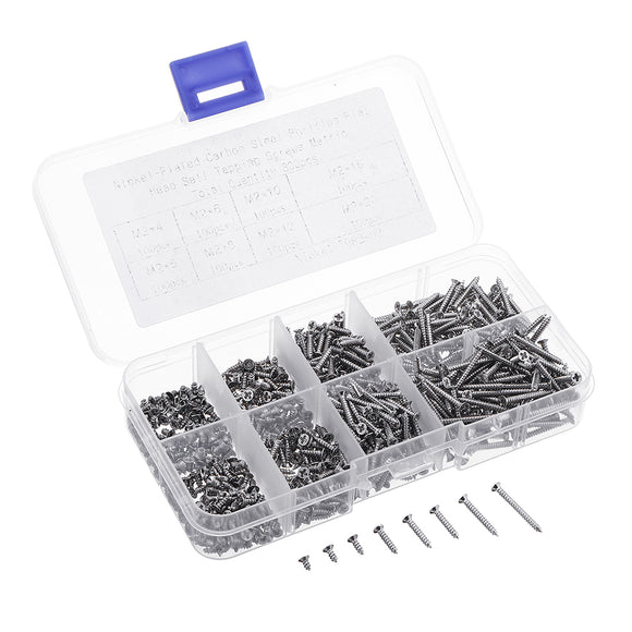 Suleve M2CP1 800pcs M2 Phillips Screw Flat Head Nickel-Plated Carbon Steel Self-Tapping Woodworking Screws Assortment Kit