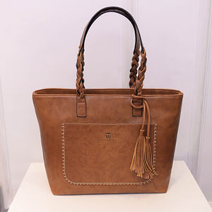 Women Solid Faux Leather Tassel Tote Bag Large Capacity Shoulder Bag Handbag