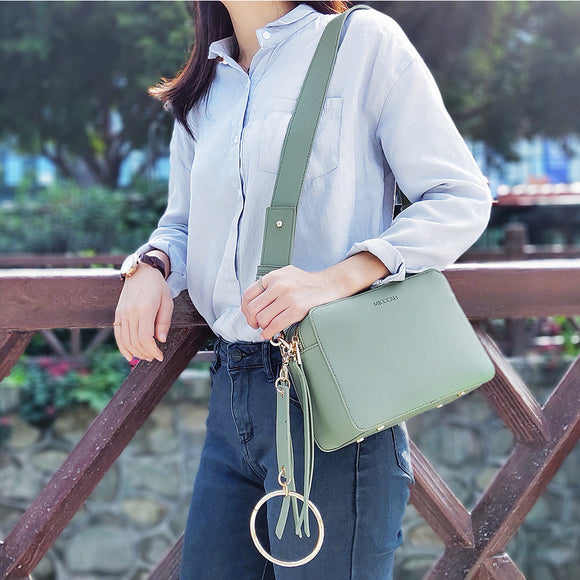 Women Faux Leather Double Zipper Metal Ring Square Bag Shoulder Bag Crossbody Bag