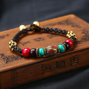 Retro Multicolor Turquoise Copper Beads Bangle Wax Rope Adjustable Women Bracelet