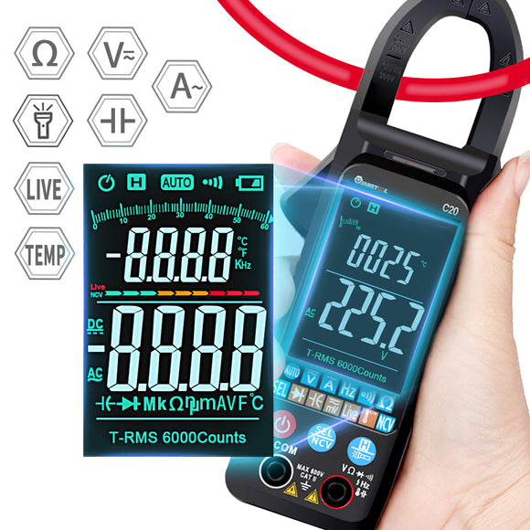 MUSTOOL C20 Large Color Screen Digital Clamp Meter NCV 6000 Counts True RMS Automatic Measurement Smart Digital Multimeter for AC DC Voltage AC Current Temperature Frequency Capacitance Resistance Line On/Off Diode Measurement Multifunction Multimeter