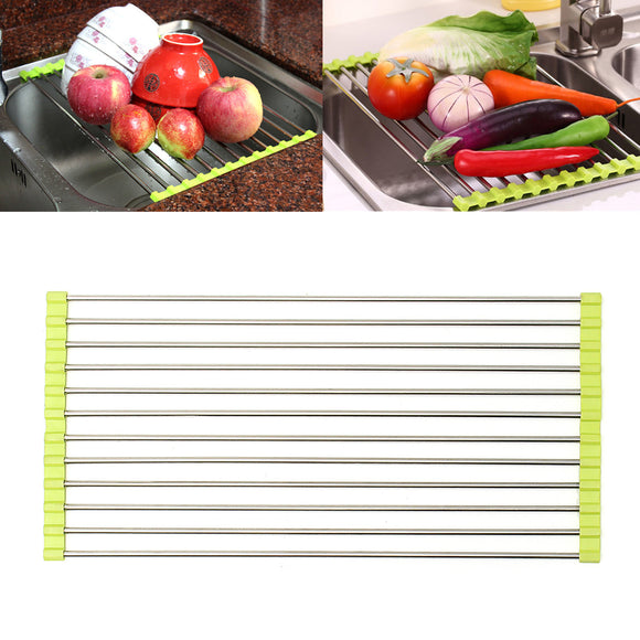 Stainless Steel Sink Dish Drying Roll Rack Fruit Vegetable Drainer Holder Shelf for Kitchen