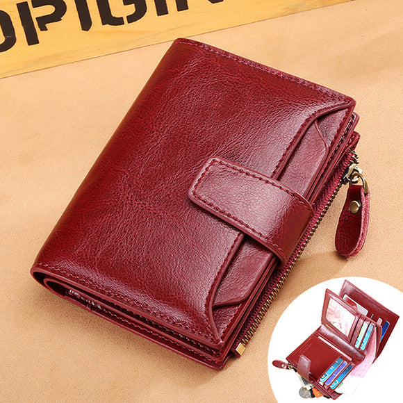 Women Bifold Vintage Genuine Leather Short Wallet 11 Card Slots Card Holder Coin Purse