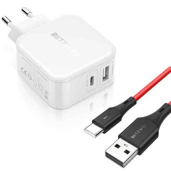 BlitzWolf BW-S11 30W Type-C PD/QC3.0+2.4A Dual USB Charger EU + BW-TC15 3A USB Type-C Charging Data Cable