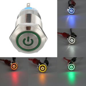 5 Pin 19mm LED Silver Steel Push Button Latching Power Switch Waterproof 12V