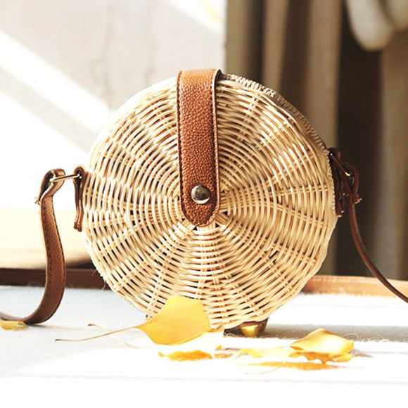 Women Rattan Bag Casual Crossbody Bag Round Beach Bag