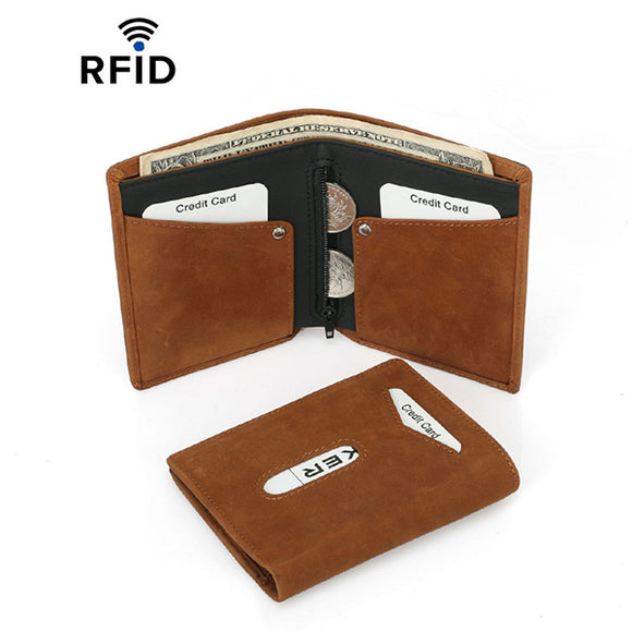 RFID Genuine Leather Zipper Coin Bag Wallet For Men