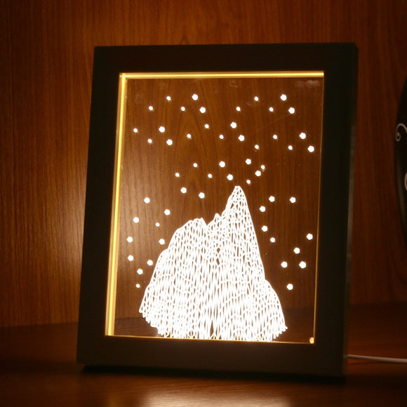 KCASA FL-725 3D Photo Frame LED Night Light Wooden Snow Mountain Decorative Christmas Gifts USB Lamp