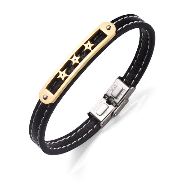 Retro Genuine Leather Bracelet Stainless Steel Stars Charm Bangle for Men