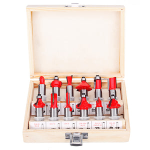 12pcs 1/4 or 1/2 Inch Shank Tungsten Carbide Router Bit Set With Wooden Case Woodworking Cutter