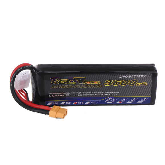 Tiger Power 11.1V 3600mAh 65C 3S Lipo Battery XT60 Plug for RC Car Airplane