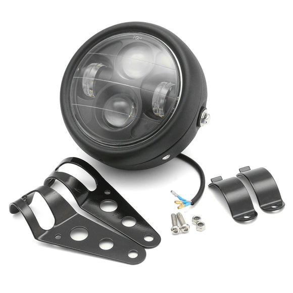 12V Black LED Motorcycle Projector Headlights with Bracket Cafe Racer