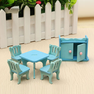 Wooden Dollhouse Furniture Doll House Miniature Dinning Room Set Kids Role Play Toy Kit