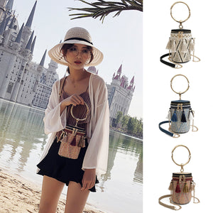 Women Ring Handle Straw Bucket Barrel Bag Pouch Rattan Messenger Handbag Tote Outdoor Travel