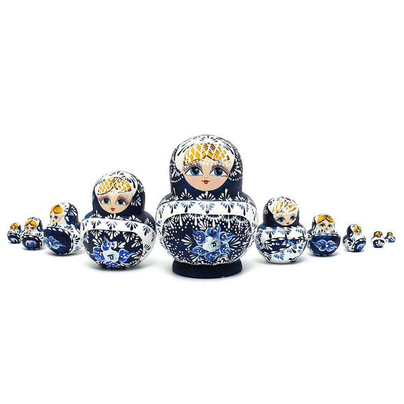 Russian Nesting Dolls 10pcs Set Blue Hand Painted