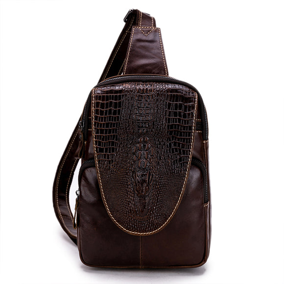 Men Genuine Leather Casual Chest Bag Crocodile Embossed Crossbody Shoulder Bag