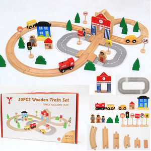 50PCS/Set DIY Educational Wooden Railway Train Track Slot Xmas Kids Jigsaw Puzzle Toy