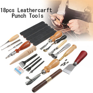 18pcs Leather Craft Punch Tools Kit Stitching Carving Working Sewing Groover