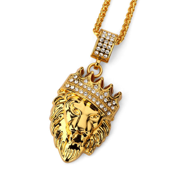 Hip Hop Fashion Gold Chain King Crown Lion Head Pendant Necklace for Men