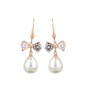 Natural Pearl Water Drop Ear Drop Bowknot Zircon Earrings For Women