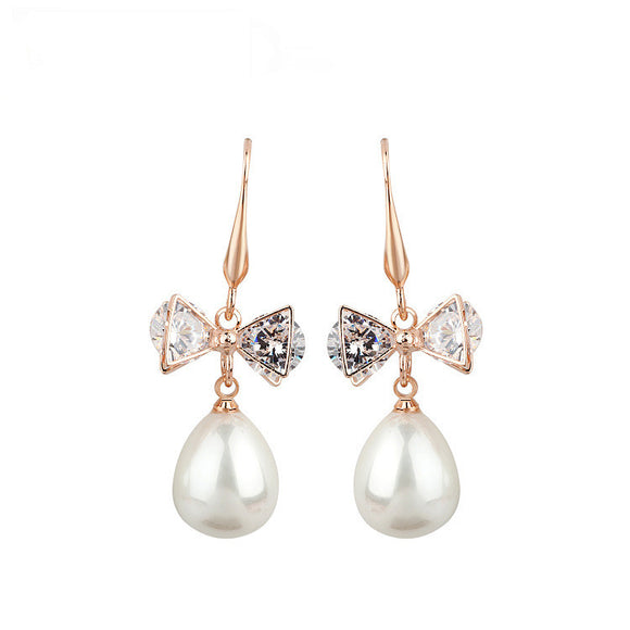 Natural Pearl Water Drop Ear Drop Bowknot Zircon Earrings For Women