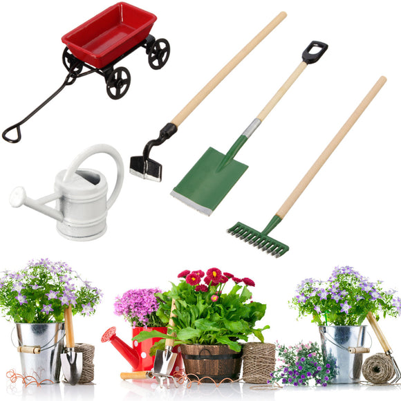 Metal Watering Can Pulling Cart Spade Rake Garden Tools Dollhouse Miniatures Accessories