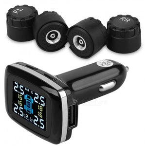 TPMS Tire Pressure Monitor System Wireless Alarm Sensor w/ 4 External Sensors + LCD Display