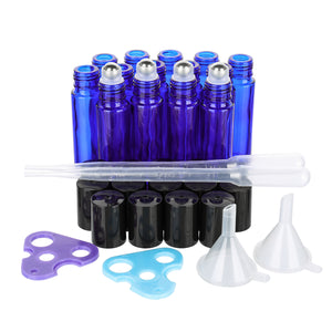 Skymore Portable Glass Roller Bottles For Essential Oil Perfume Oils 15x cobalt blue glass roller bottles + 2x droppers + 2x funnels + 2x bottle openers + 3x extra roller balls