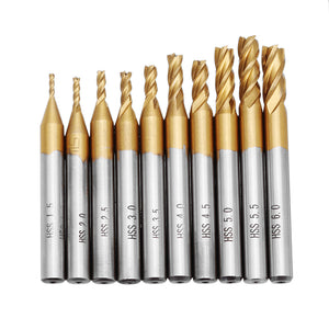 Drillpro 10pcs Titanium Coating 1.5-6.0mm HSS 4 Flute End Mill Cutter 6mm Shank CNC Drill Bits