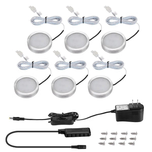 6pcs 2W LED Aluminum Round Ultra Thin Cabinet Colset Night Light Kit with DC12V Power Supply