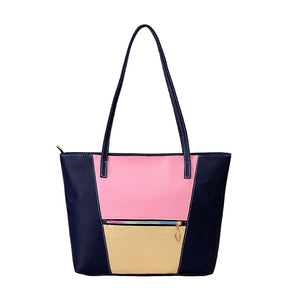 Women PU Leather  Large Capacity Color Block Handbag Shoulder Bag