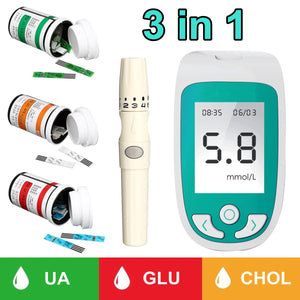 3 in 1 Cholesterol Blood Glucose UA Testing Meter Kit Test Strips Sterile Lancet