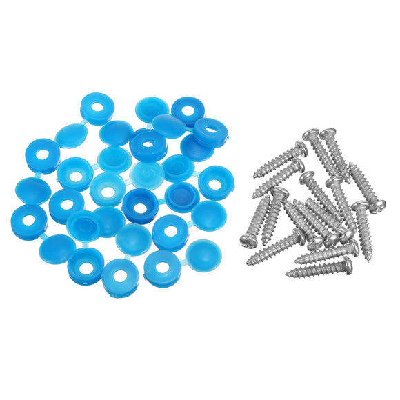 16Pcs Licence Number Plate Phillips Self Tapping Screw with Hinged Blue Cover Caps